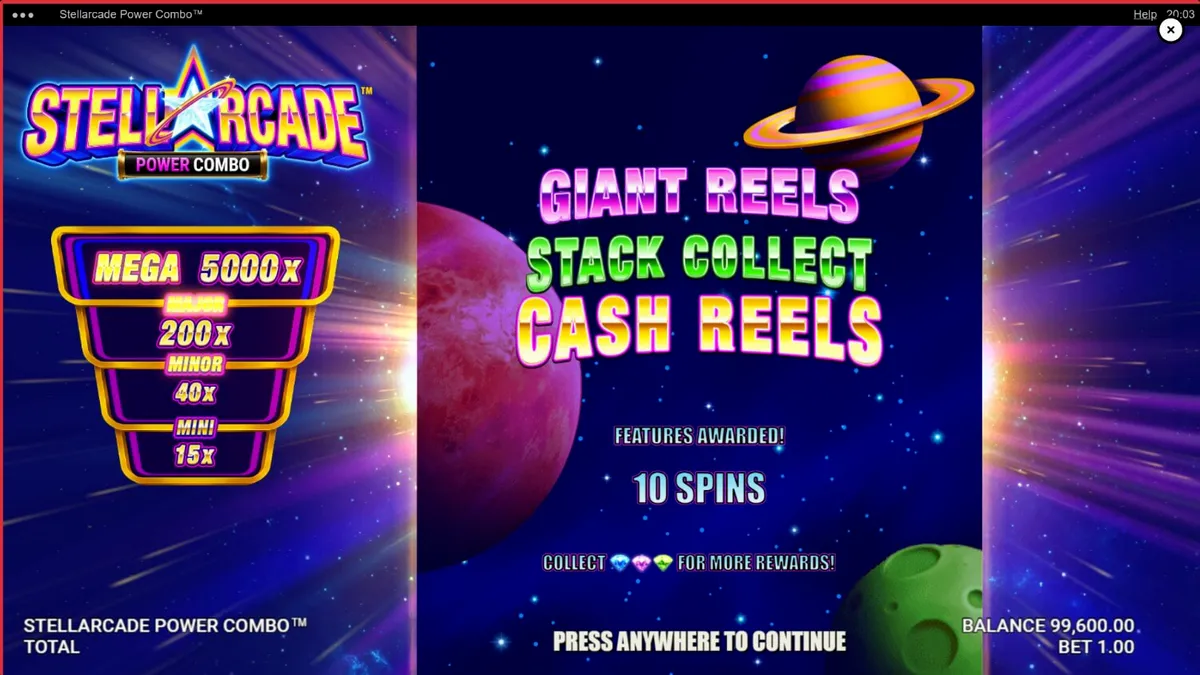 Interface neon e futurista do jogo Stellarcade Power Combo