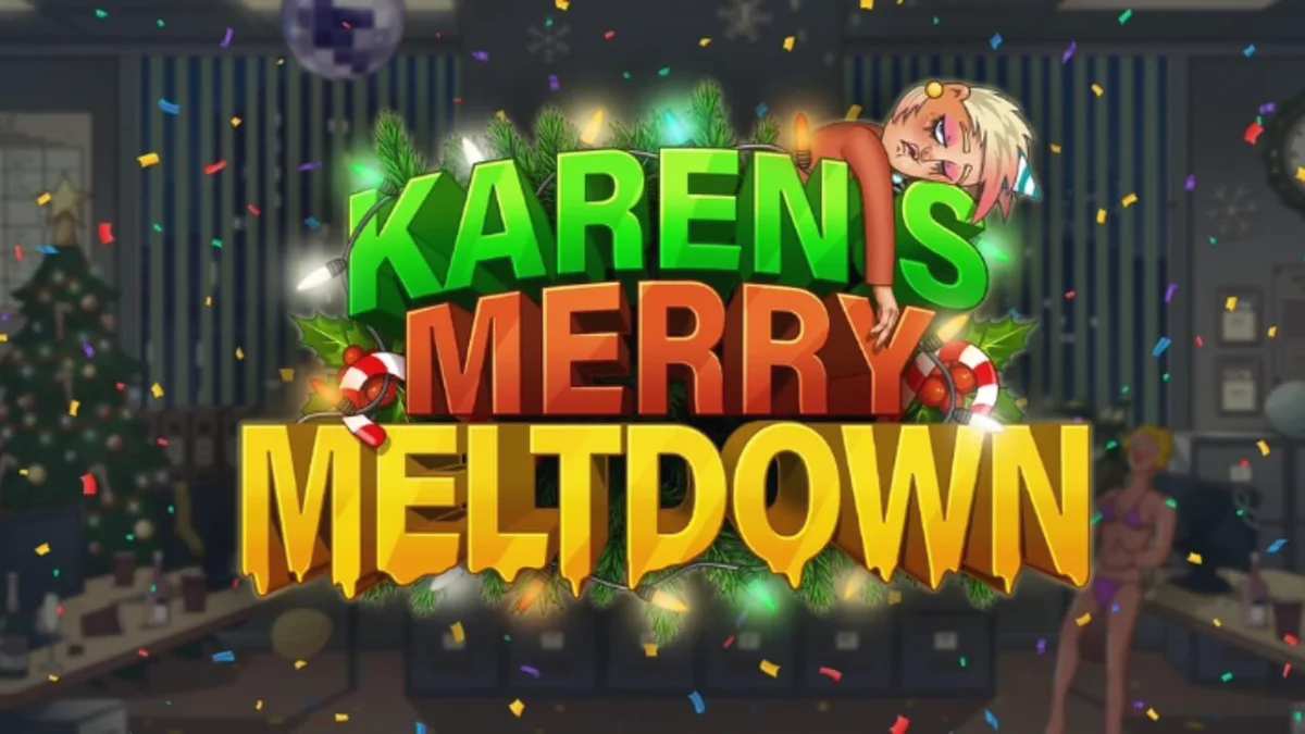 Interface do slot Karen’s Merry Meltdown com tema natalino e elementos de escritório