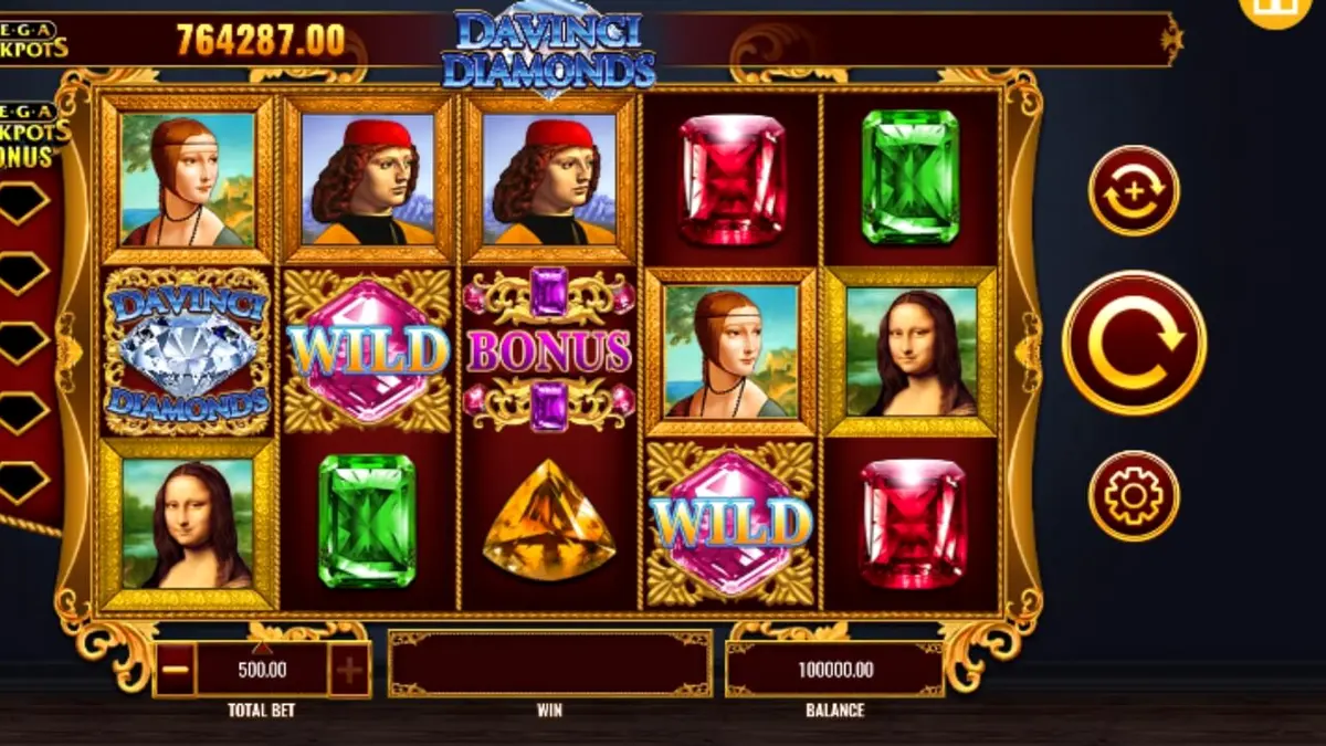 Interface do slot Mega Jackpot DaVinci Diamonds com arte renascentista e diamantes