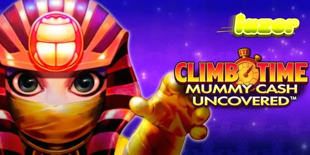 Uma representação artística do slot Climb Time Mummy Cash Uncovered com elementos egípcios modernos.